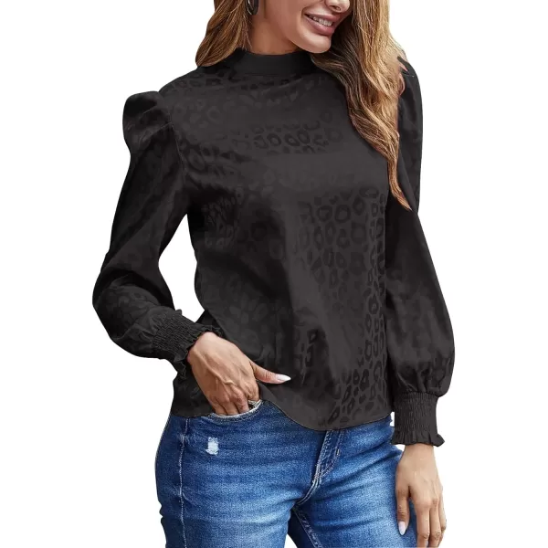 LYANER Women's Satin Mock Neck Puff Long Sleeve Keyhole Work Blouse Top