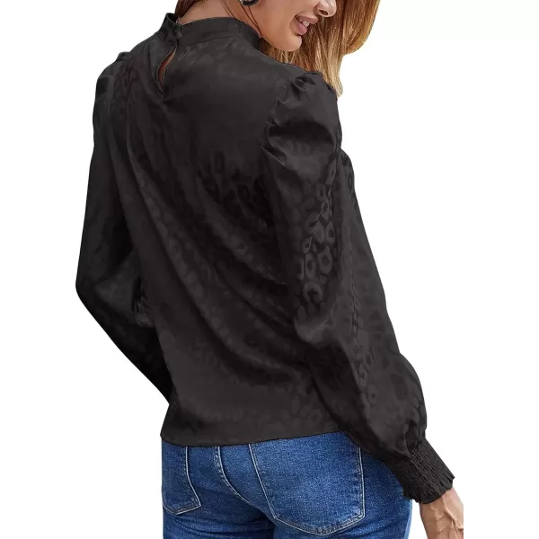 LYANER Women's Satin Mock Neck Puff Long Sleeve Keyhole Work Blouse Top