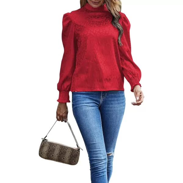 LYANER Women's Satin Mock Neck Puff Long Sleeve Keyhole Work Blouse Top