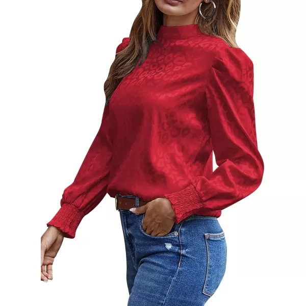 LYANER Women's Satin Mock Neck Puff Long Sleeve Keyhole Work Blouse Top