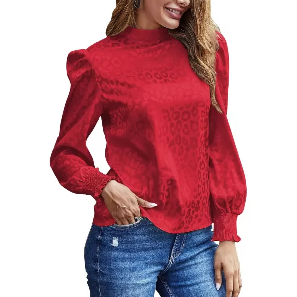 LYANER Women's Satin Mock Neck Puff Long Sleeve Keyhole Work Blouse Top