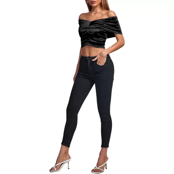 LYANER Women's Satin Off Shoulder Sexy Ruched Short Sleeve Slim Fit Blouse Crop Top