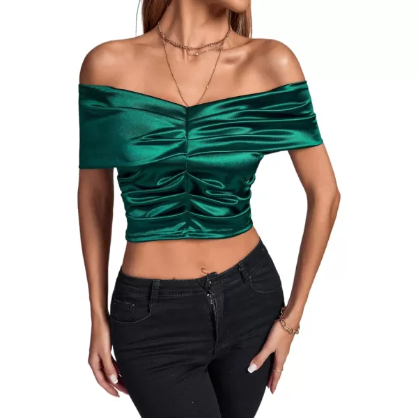 LYANER Women's Satin Off Shoulder Sexy Ruched Short Sleeve Slim Fit Blouse Crop Top