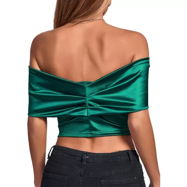 LYANER Women's Satin Off Shoulder Sexy Ruched Short Sleeve Slim Fit Blouse Crop Top