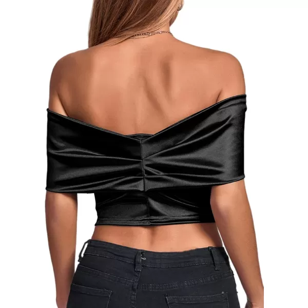 LYANER Women's Satin Off Shoulder Sexy Ruched Short Sleeve Slim Fit Blouse Crop Top