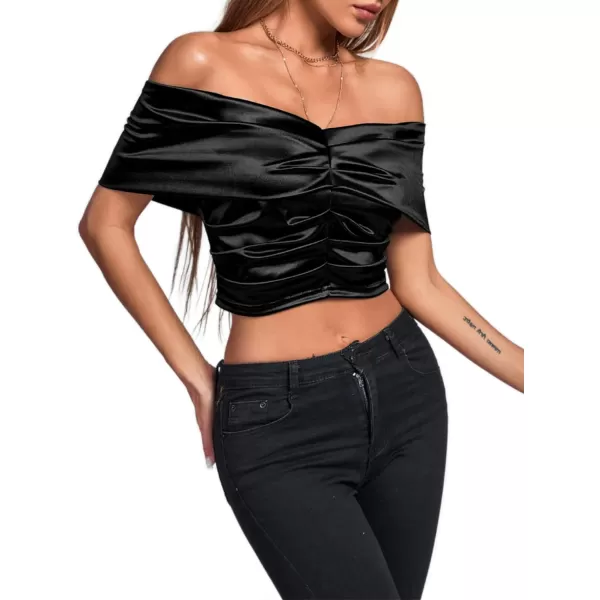 LYANER Women's Satin Off Shoulder Sexy Ruched Short Sleeve Slim Fit Blouse Crop Top