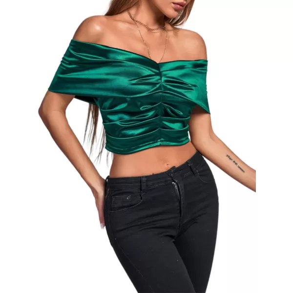 LYANER Women's Satin Off Shoulder Sexy Ruched Short Sleeve Slim Fit Blouse Crop Top