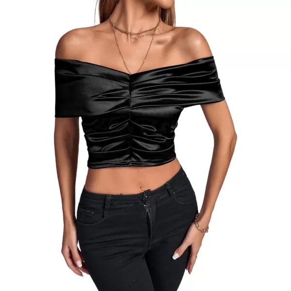 LYANER Women's Satin Off Shoulder Sexy Ruched Short Sleeve Slim Fit Blouse Crop Top