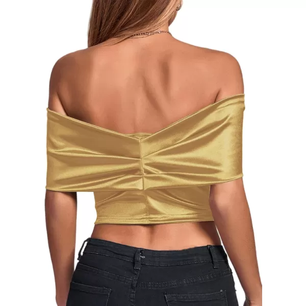 LYANER Women's Satin Off Shoulder Sexy Ruched Short Sleeve Slim Fit Blouse Crop Top