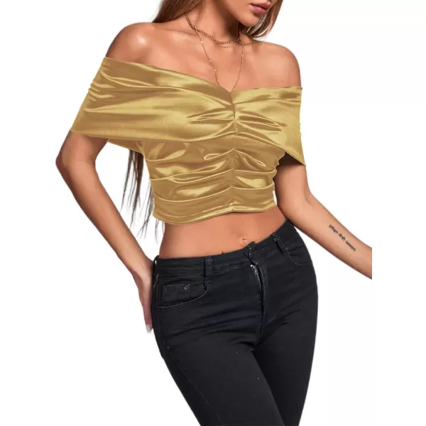 LYANER Women's Satin Off Shoulder Sexy Ruched Short Sleeve Slim Fit Blouse Crop Top
