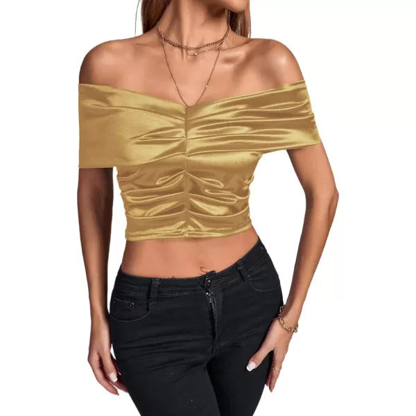LYANER Women's Satin Off Shoulder Sexy Ruched Short Sleeve Slim Fit Blouse Crop Top