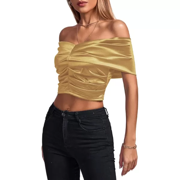 LYANER Women's Satin Off Shoulder Sexy Ruched Short Sleeve Slim Fit Blouse Crop Top