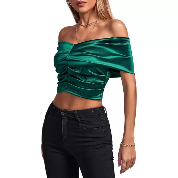 LYANER Women's Satin Off Shoulder Sexy Ruched Short Sleeve Slim Fit Blouse Crop Top