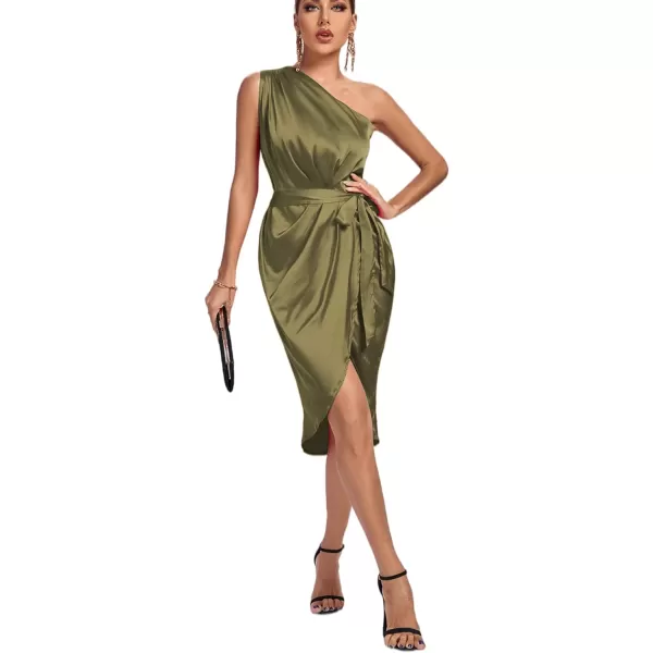 LYANER Women's Satin One Shoulder Shoulder Ruched Sleeveless Split Wrap Hem Self Belted Midi Dress