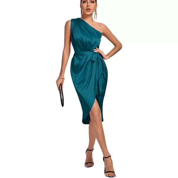 LYANER Women's Satin One Shoulder Shoulder Ruched Sleeveless Split Wrap Hem Self Belted Midi Dress
