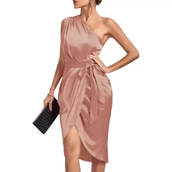 LYANER Women's Satin One Shoulder Shoulder Ruched Sleeveless Split Wrap Hem Self Belted Midi Dress