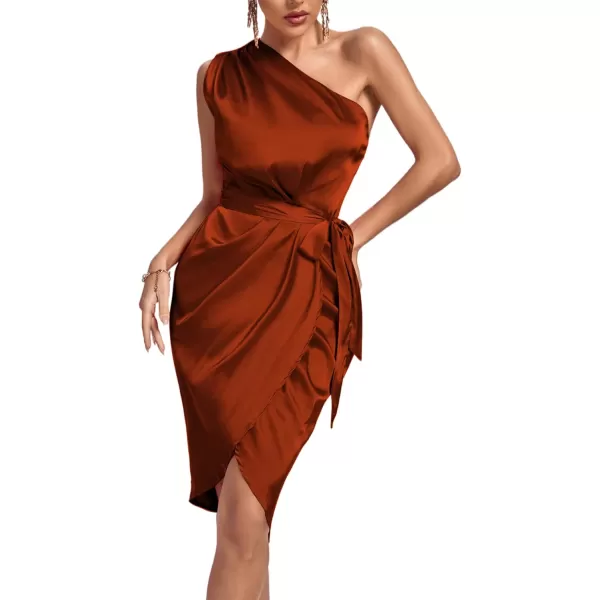 LYANER Women's Satin One Shoulder Shoulder Ruched Sleeveless Split Wrap Hem Self Belted Midi Dress