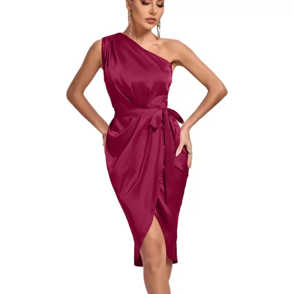 LYANER Women's Satin One Shoulder Shoulder Ruched Sleeveless Split Wrap Hem Self Belted Midi Dress