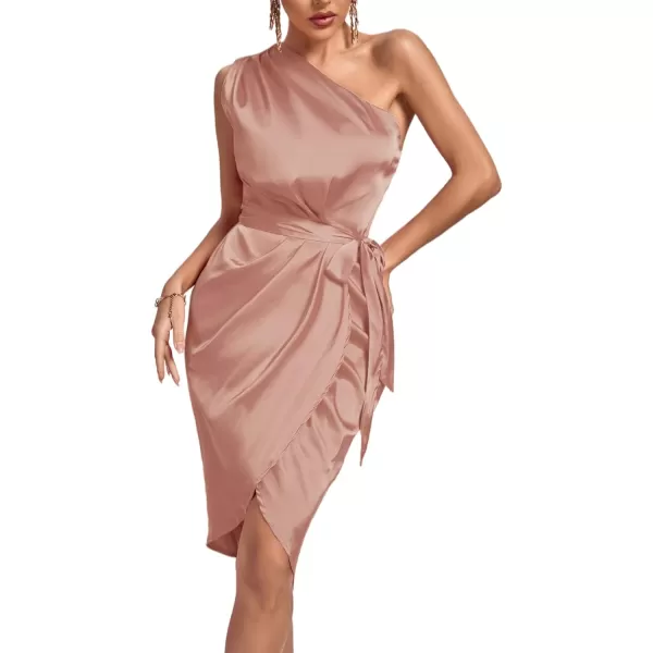 LYANER Women's Satin One Shoulder Shoulder Ruched Sleeveless Split Wrap Hem Self Belted Midi Dress