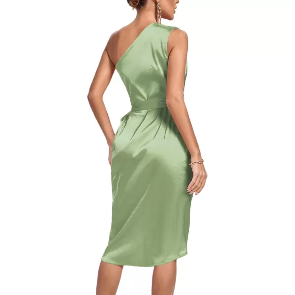 LYANER Women's Satin One Shoulder Shoulder Ruched Sleeveless Split Wrap Hem Self Belted Midi Dress
