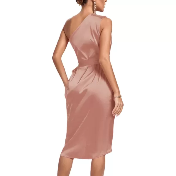 LYANER Women's Satin One Shoulder Shoulder Ruched Sleeveless Split Wrap Hem Self Belted Midi Dress