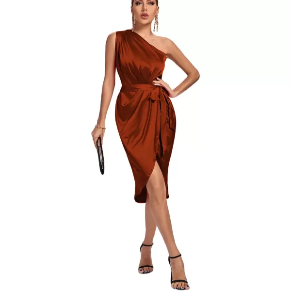 LYANER Women's Satin One Shoulder Shoulder Ruched Sleeveless Split Wrap Hem Self Belted Midi Dress