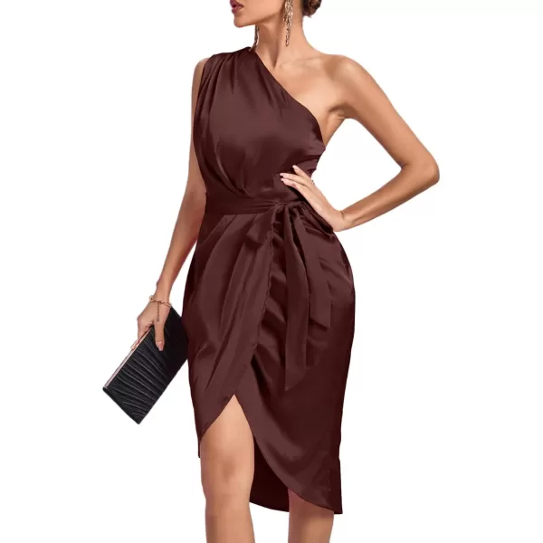 LYANER Women's Satin One Shoulder Shoulder Ruched Sleeveless Split Wrap Hem Self Belted Midi Dress