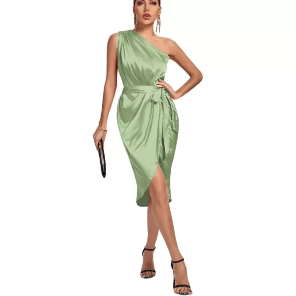 LYANER Women's Satin One Shoulder Shoulder Ruched Sleeveless Split Wrap Hem Self Belted Midi Dress
