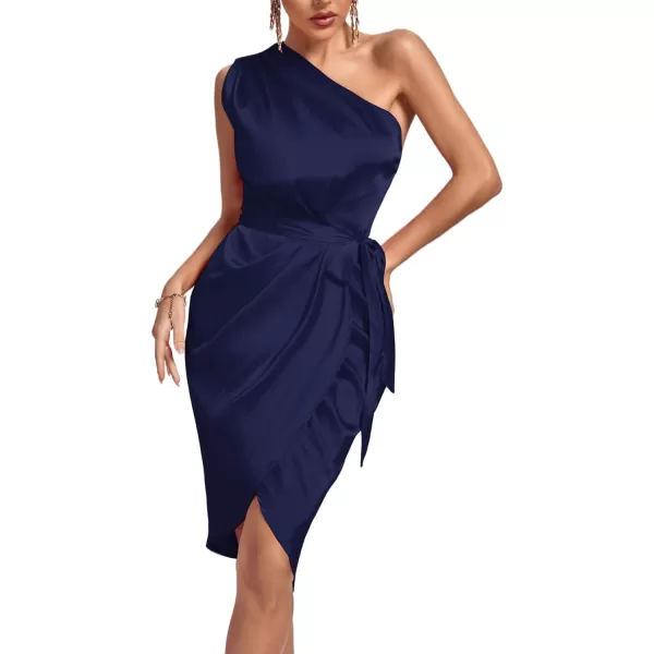 LYANER Women's Satin One Shoulder Shoulder Ruched Sleeveless Split Wrap Hem Self Belted Midi Dress
