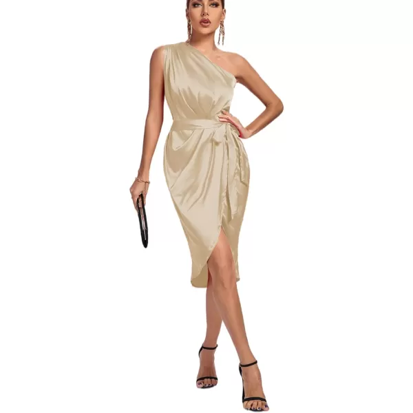 LYANER Women's Satin One Shoulder Shoulder Ruched Sleeveless Split Wrap Hem Self Belted Midi Dress