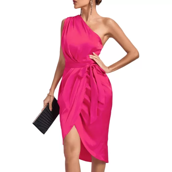 LYANER Women's Satin One Shoulder Shoulder Ruched Sleeveless Split Wrap Hem Self Belted Midi Dress