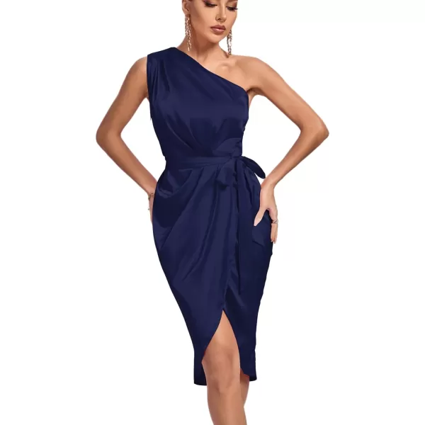 LYANER Women's Satin One Shoulder Shoulder Ruched Sleeveless Split Wrap Hem Self Belted Midi Dress