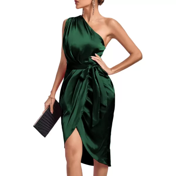 LYANER Women's Satin One Shoulder Shoulder Ruched Sleeveless Split Wrap Hem Self Belted Midi Dress