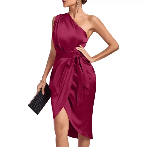 LYANER Women's Satin One Shoulder Shoulder Ruched Sleeveless Split Wrap Hem Self Belted Midi Dress