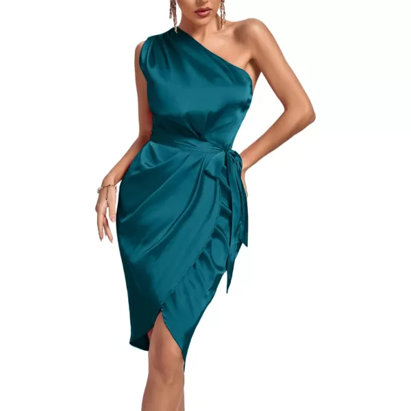 LYANER Women's Satin One Shoulder Shoulder Ruched Sleeveless Split Wrap Hem Self Belted Midi Dress