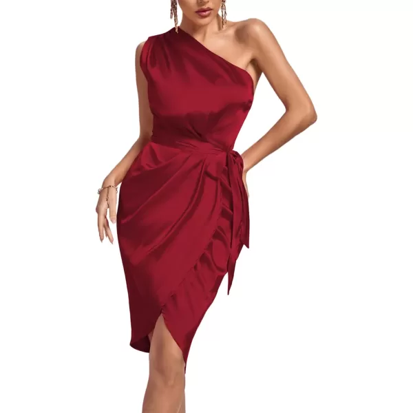 LYANER Women's Satin One Shoulder Shoulder Ruched Sleeveless Split Wrap Hem Self Belted Midi Dress