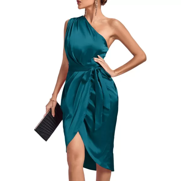LYANER Women's Satin One Shoulder Shoulder Ruched Sleeveless Split Wrap Hem Self Belted Midi Dress