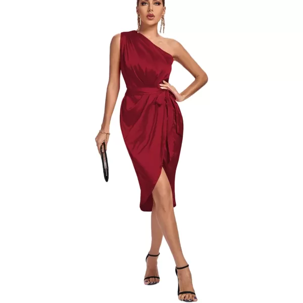 LYANER Women's Satin One Shoulder Shoulder Ruched Sleeveless Split Wrap Hem Self Belted Midi Dress