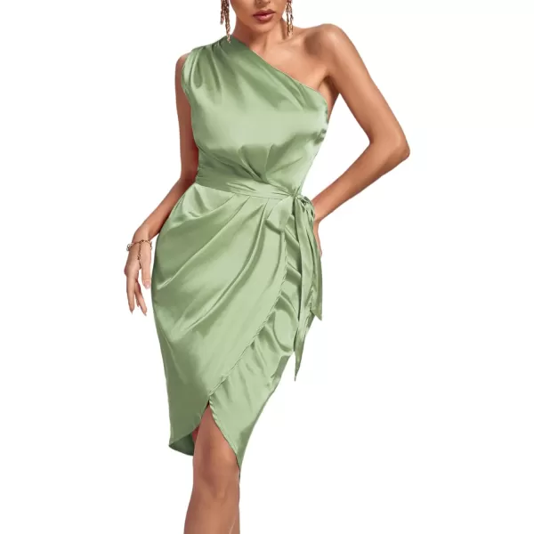 LYANER Women's Satin One Shoulder Shoulder Ruched Sleeveless Split Wrap Hem Self Belted Midi Dress