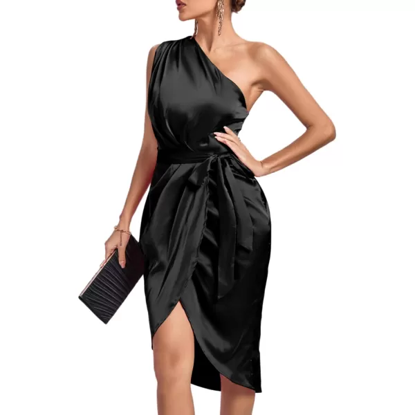 LYANER Women's Satin One Shoulder Shoulder Ruched Sleeveless Split Wrap Hem Self Belted Midi Dress