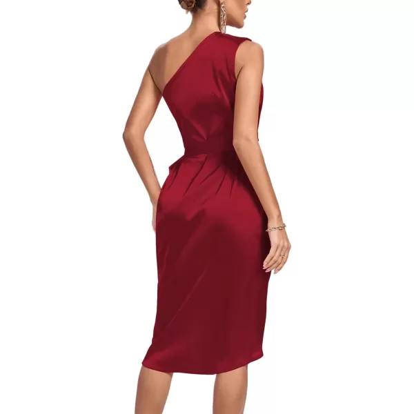 LYANER Women's Satin One Shoulder Shoulder Ruched Sleeveless Split Wrap Hem Self Belted Midi Dress