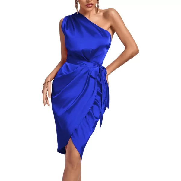 LYANER Women's Satin One Shoulder Shoulder Ruched Sleeveless Split Wrap Hem Self Belted Midi Dress