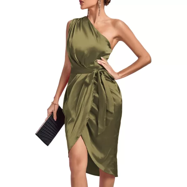 LYANER Women's Satin One Shoulder Shoulder Ruched Sleeveless Split Wrap Hem Self Belted Midi Dress