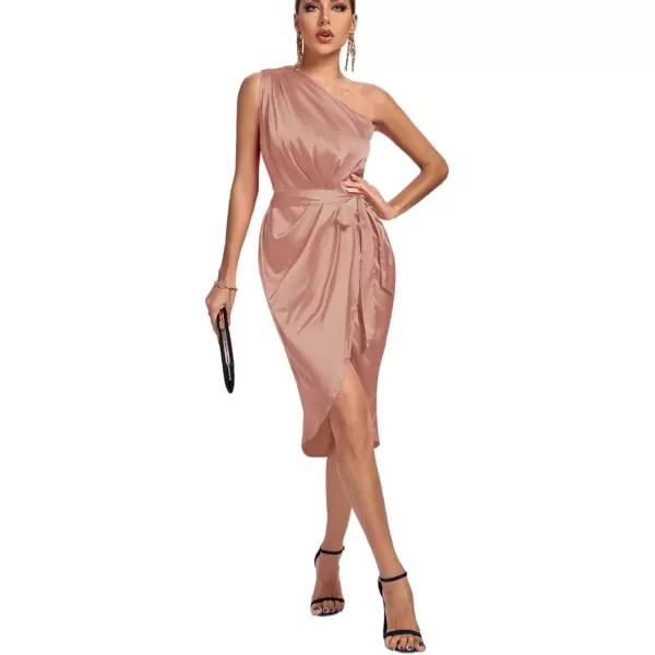 LYANER Women's Satin One Shoulder Shoulder Ruched Sleeveless Split Wrap Hem Self Belted Midi Dress