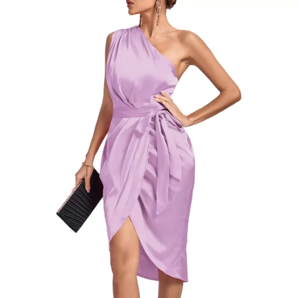 LYANER Women's Satin One Shoulder Shoulder Ruched Sleeveless Split Wrap Hem Self Belted Midi Dress