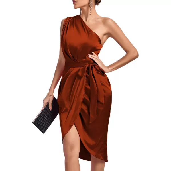LYANER Women's Satin One Shoulder Shoulder Ruched Sleeveless Split Wrap Hem Self Belted Midi Dress