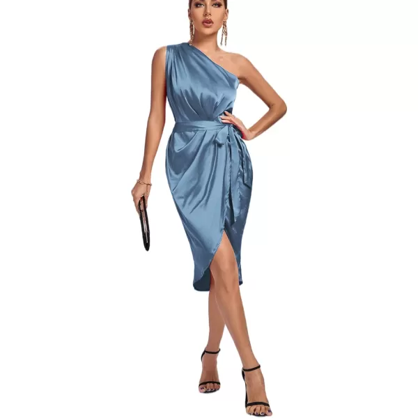 LYANER Women's Satin One Shoulder Shoulder Ruched Sleeveless Split Wrap Hem Self Belted Midi Dress