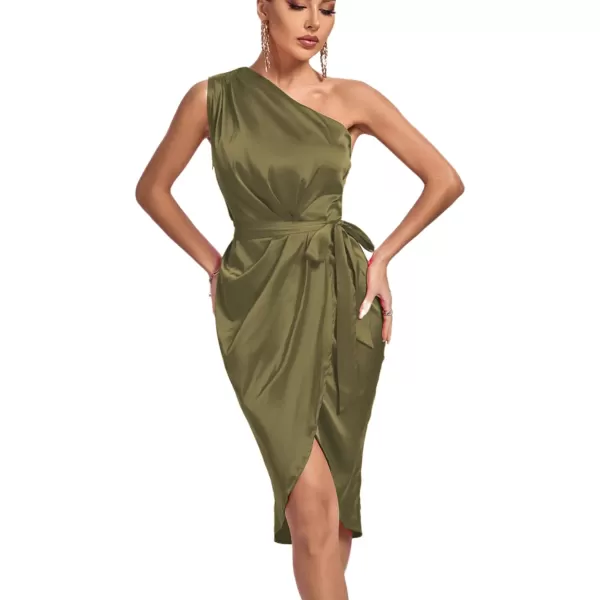 LYANER Women's Satin One Shoulder Shoulder Ruched Sleeveless Split Wrap Hem Self Belted Midi Dress