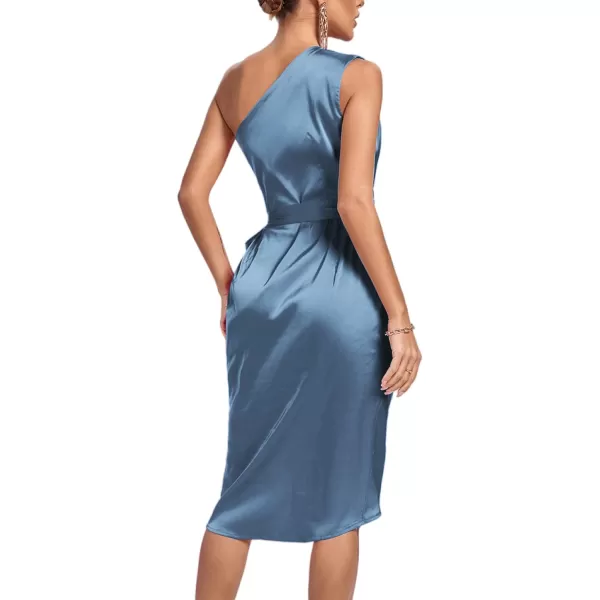 LYANER Women's Satin One Shoulder Shoulder Ruched Sleeveless Split Wrap Hem Self Belted Midi Dress