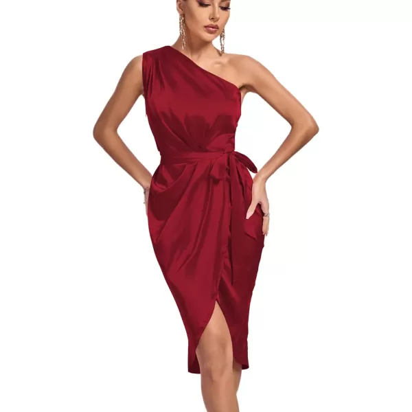 LYANER Women's Satin One Shoulder Shoulder Ruched Sleeveless Split Wrap Hem Self Belted Midi Dress